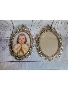 1940s Baroque Oval Gold Picture Frames Photo Brass Ornate Praying Boy Print 10in